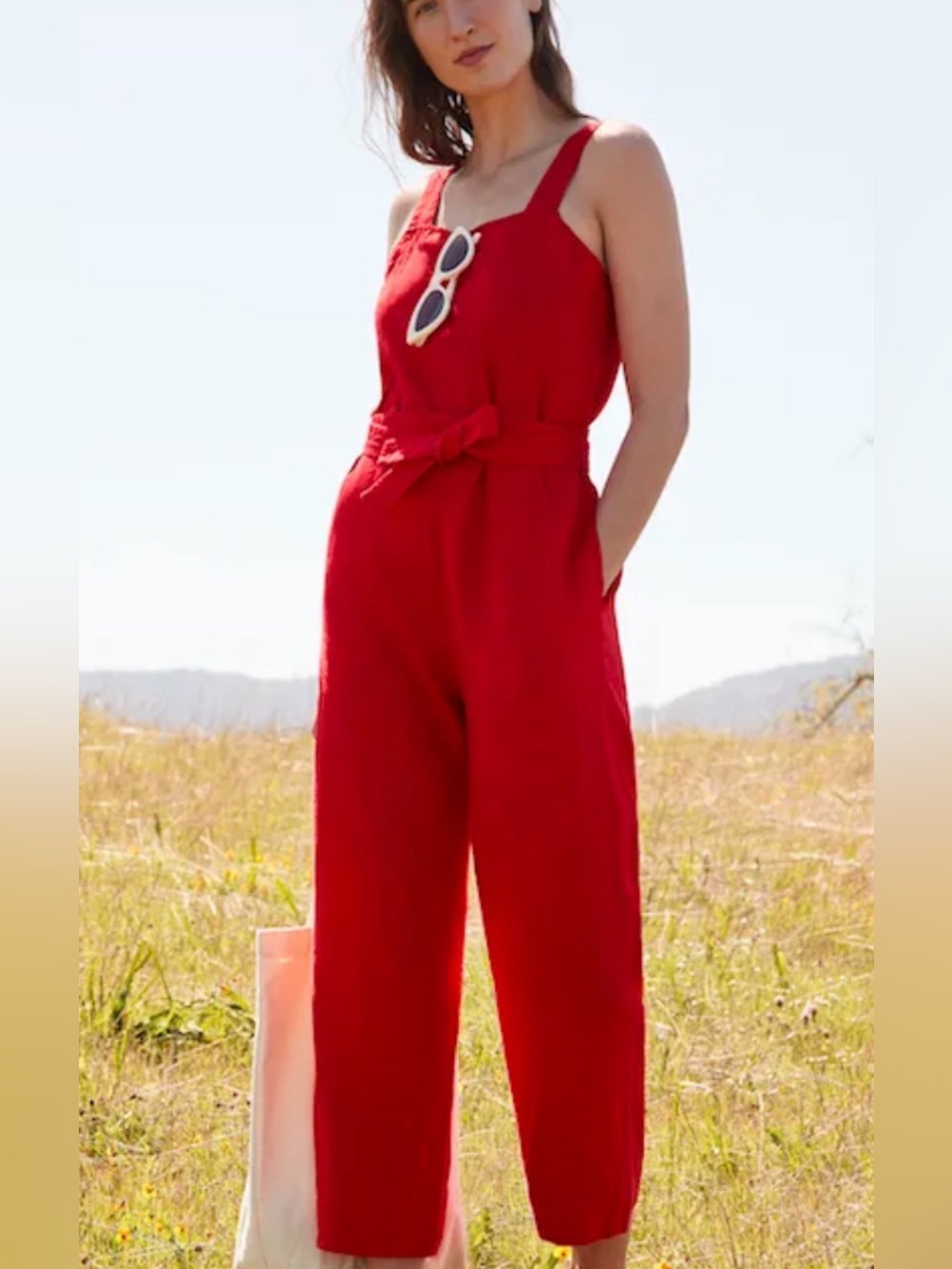 Everlane Linen Square Neck Tie-Waist Jumpsuit in Red